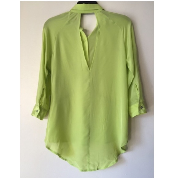 LINE & DOT BLOUSE SHIRT SHEER NEON GREEN TUNIC - Picture 3 of 5